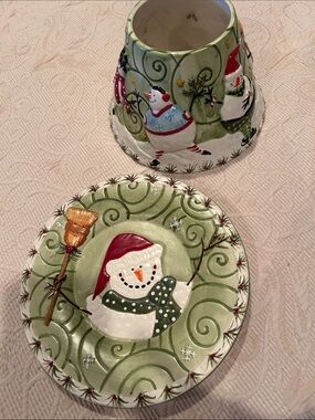 Yankee Candle Green Snowman Ceramic Plate and Holder